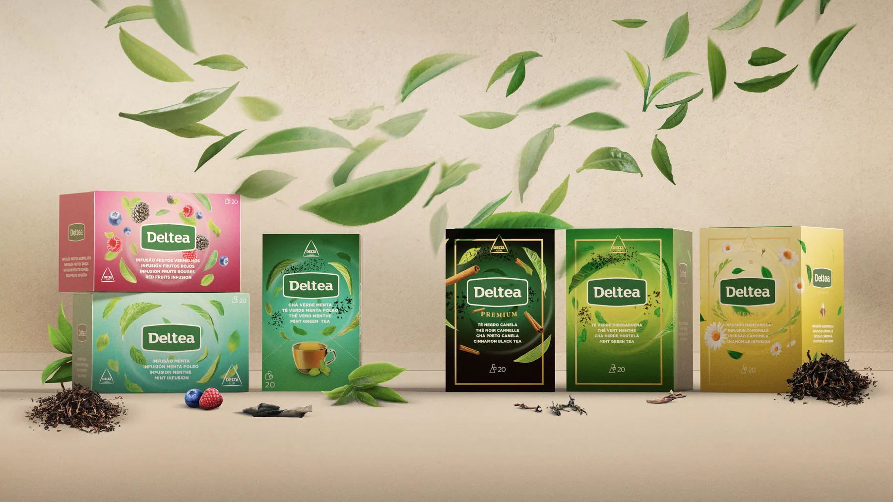 Gama de tés e infusiones Deltea con hojas de té al vuelo