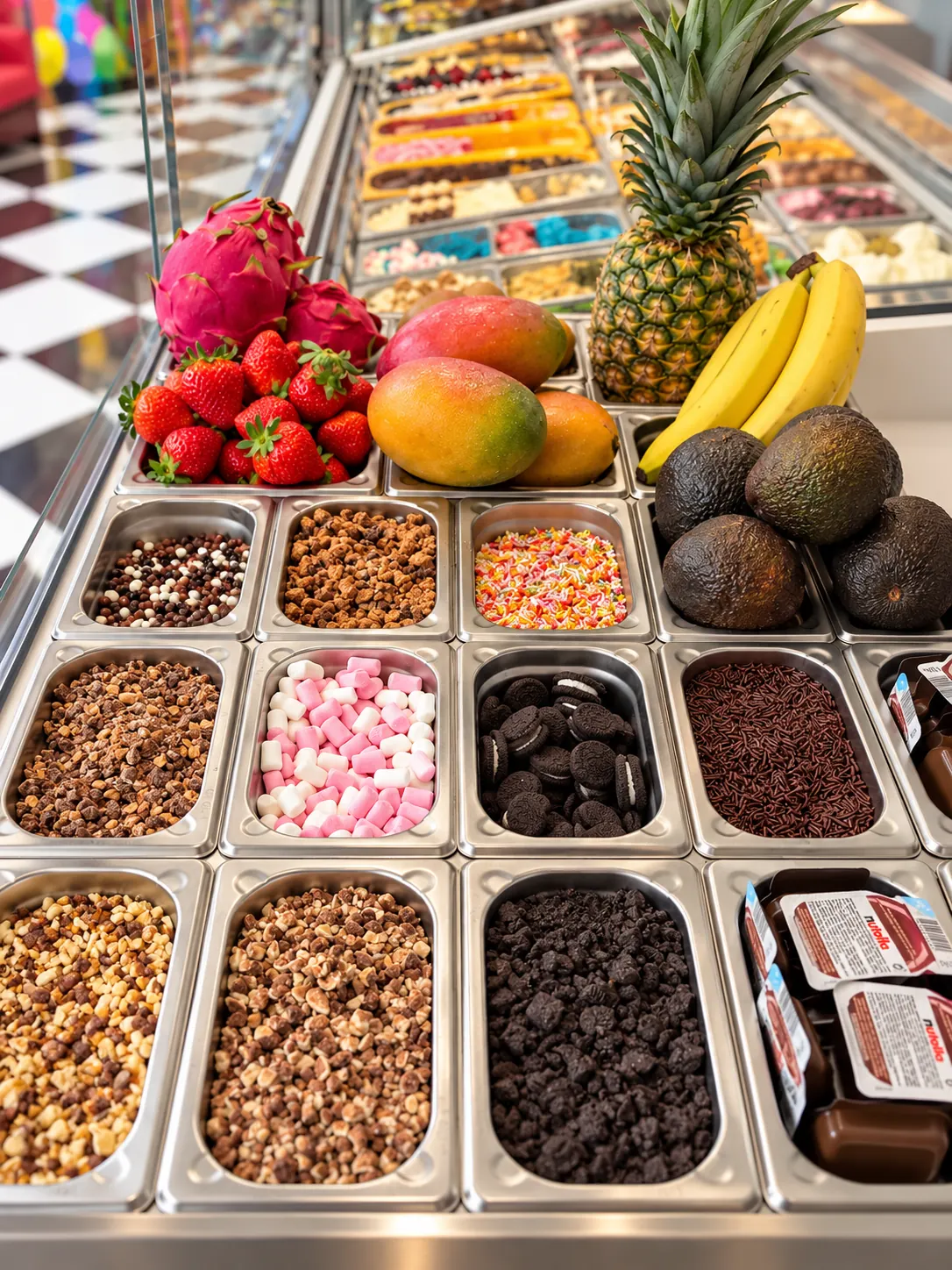 Barra de toppings y fruta fresca de la heladería
