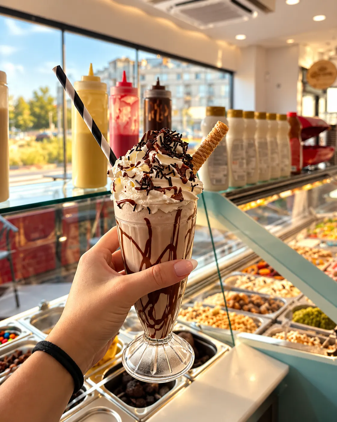 Batido de chocolate en la mano