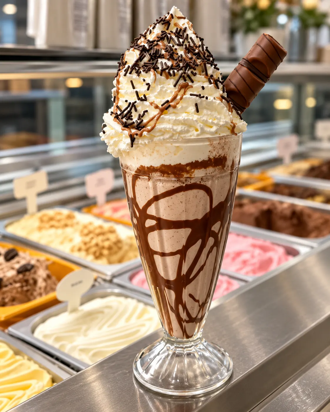 Batido de Kinder Bueno con nata, sirope de chocolate y una barrita Kinder Bueno