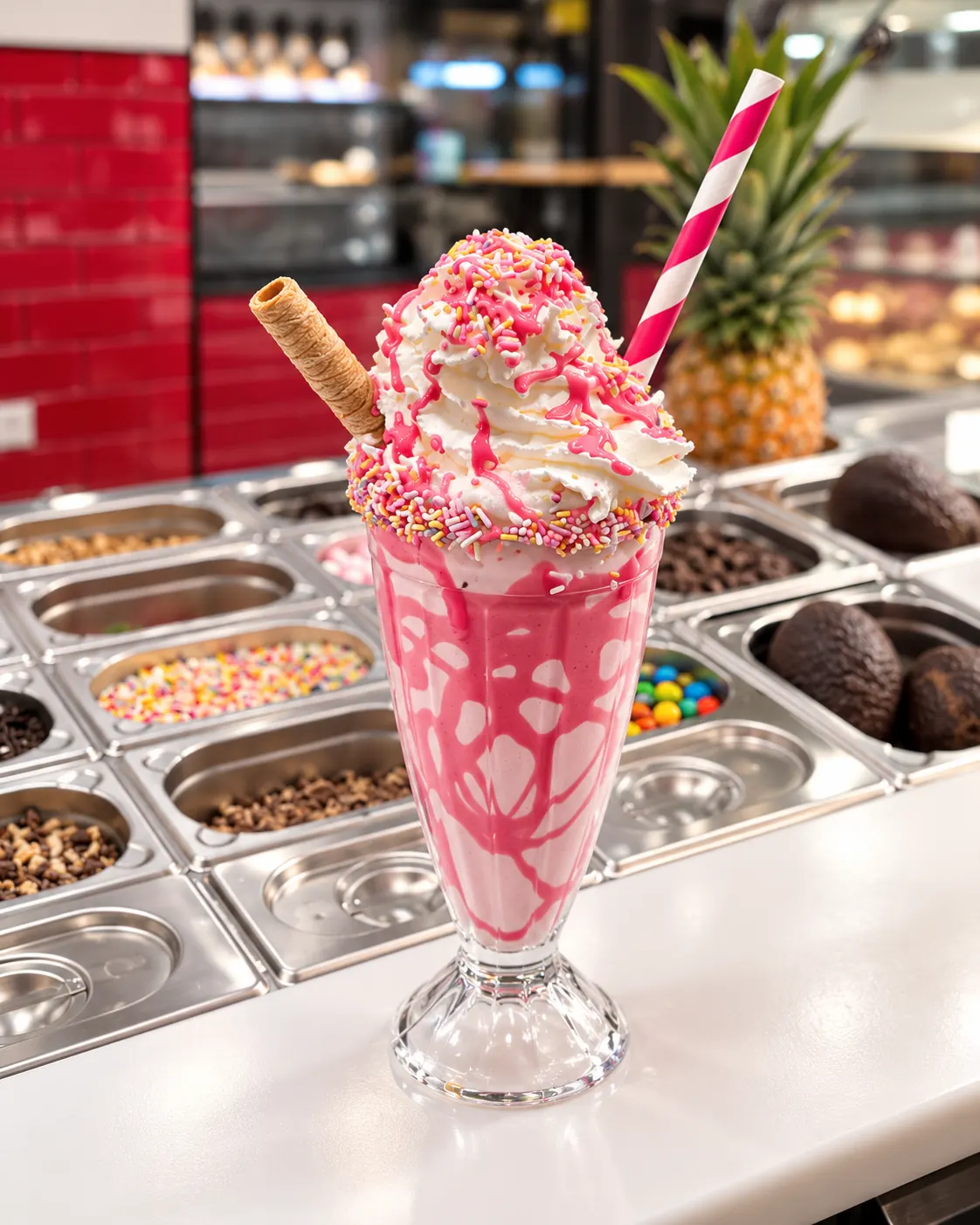 Batido rosa sobre la barra de toppings