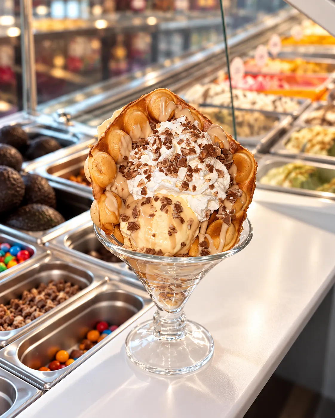 Bubble waffle en copa con helado