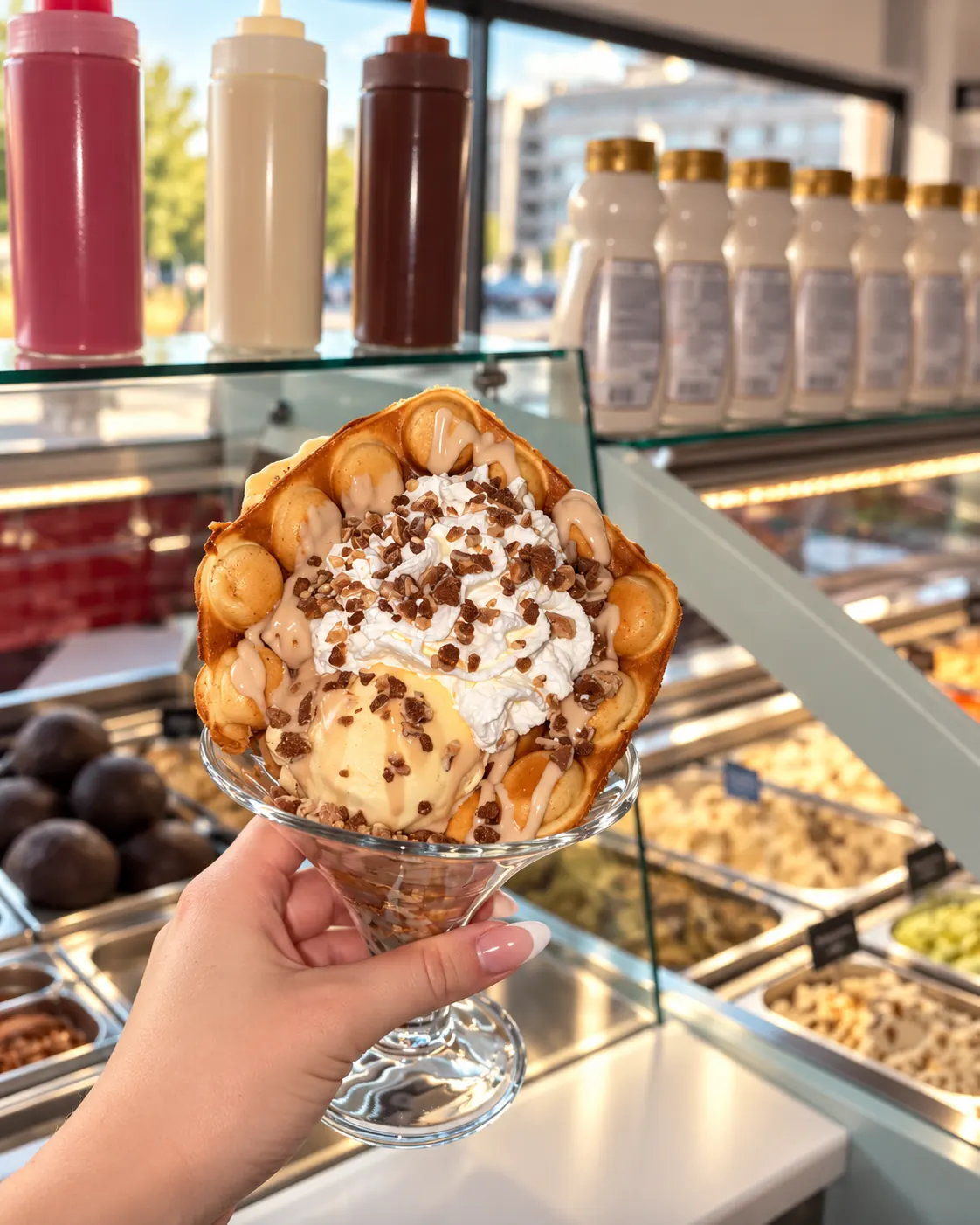 Bubble waffle en copa sostenido en la mano