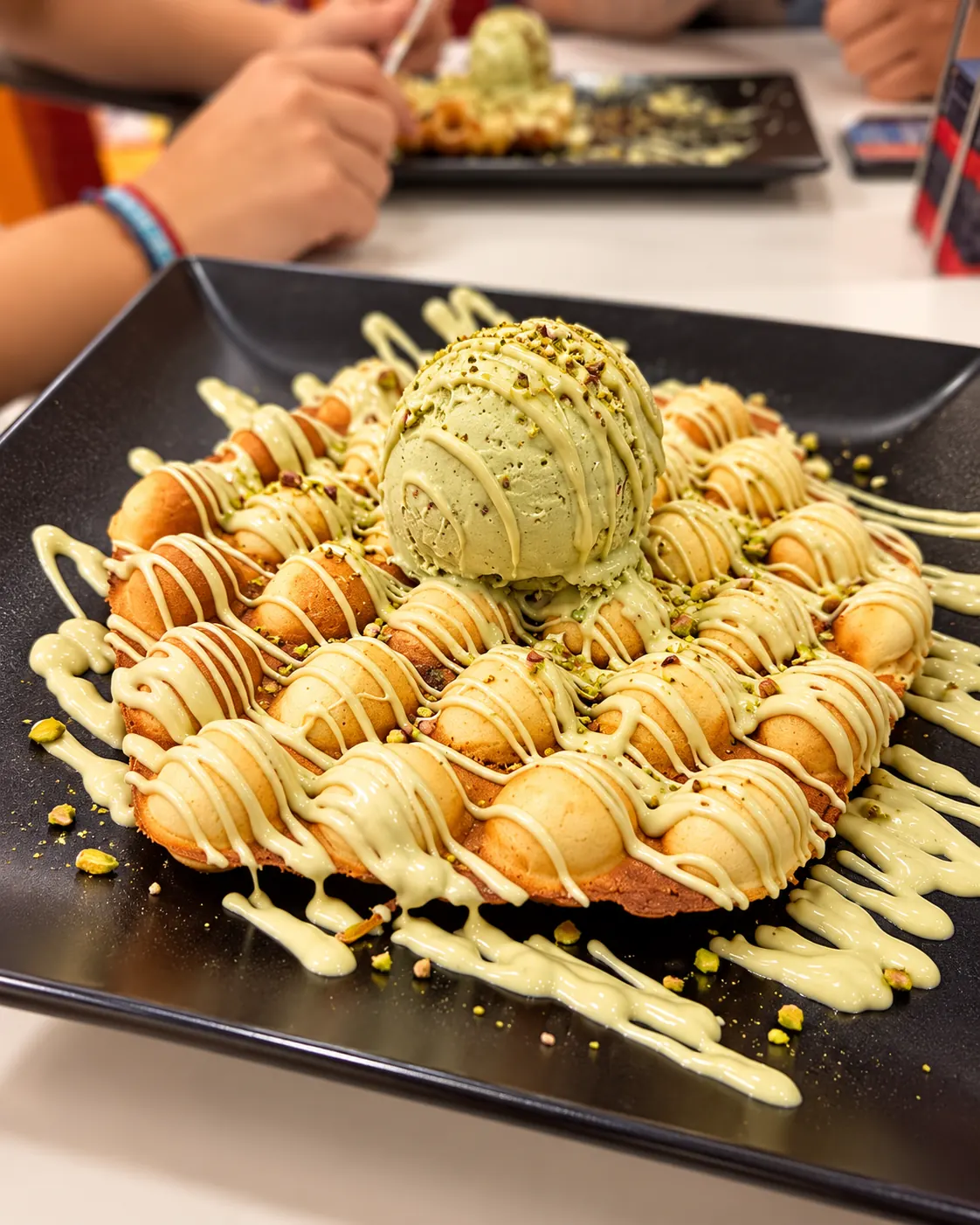 Bubble waffle con helado de pistacho