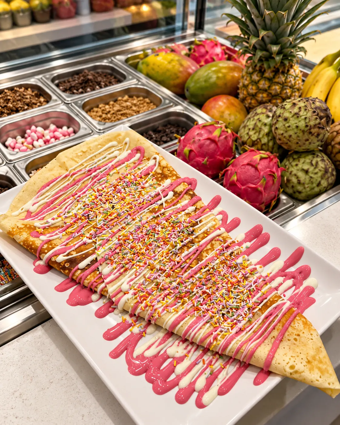 Crepe con Pantera Rosa, chocolate blanco y virutas de colores