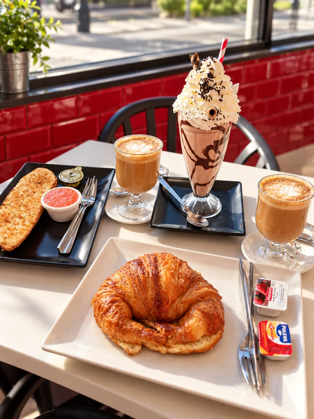 Desayuno completo con croissant, batido y cafés
