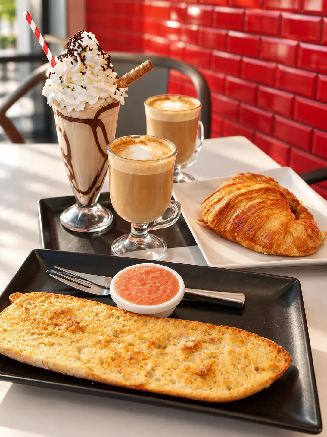 Desayuno con tostada de tomate, croissant, batido y cafés