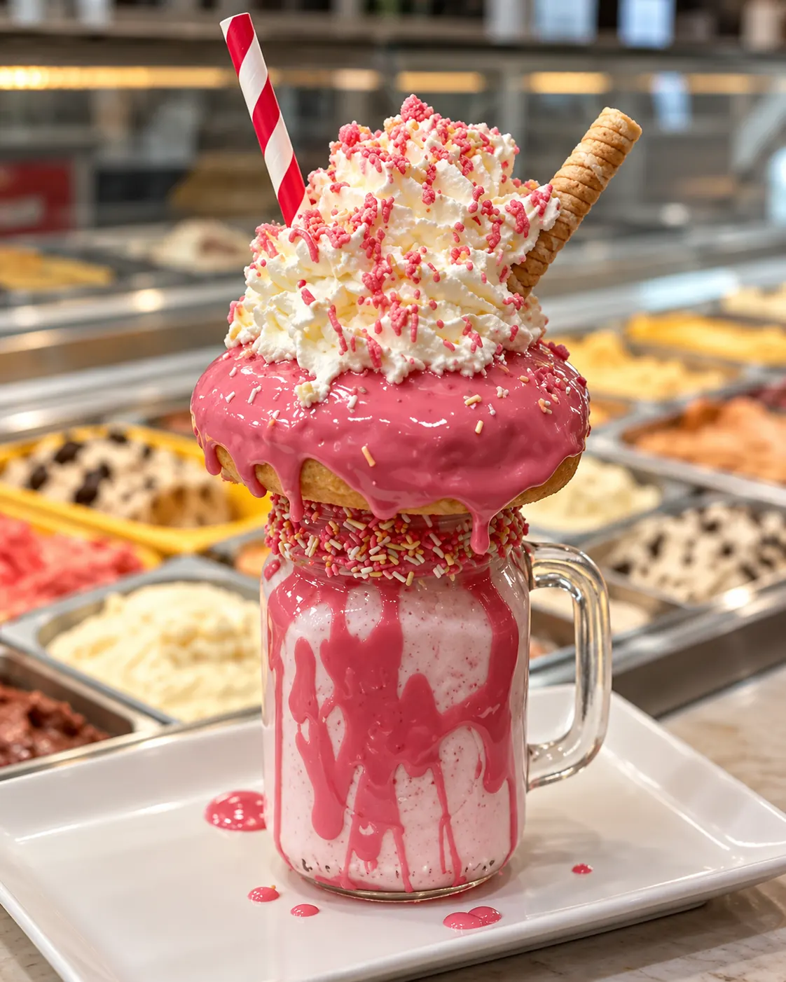 Freakshake de Pantera Rosa con chocolate rosa, nata y virutas de colores