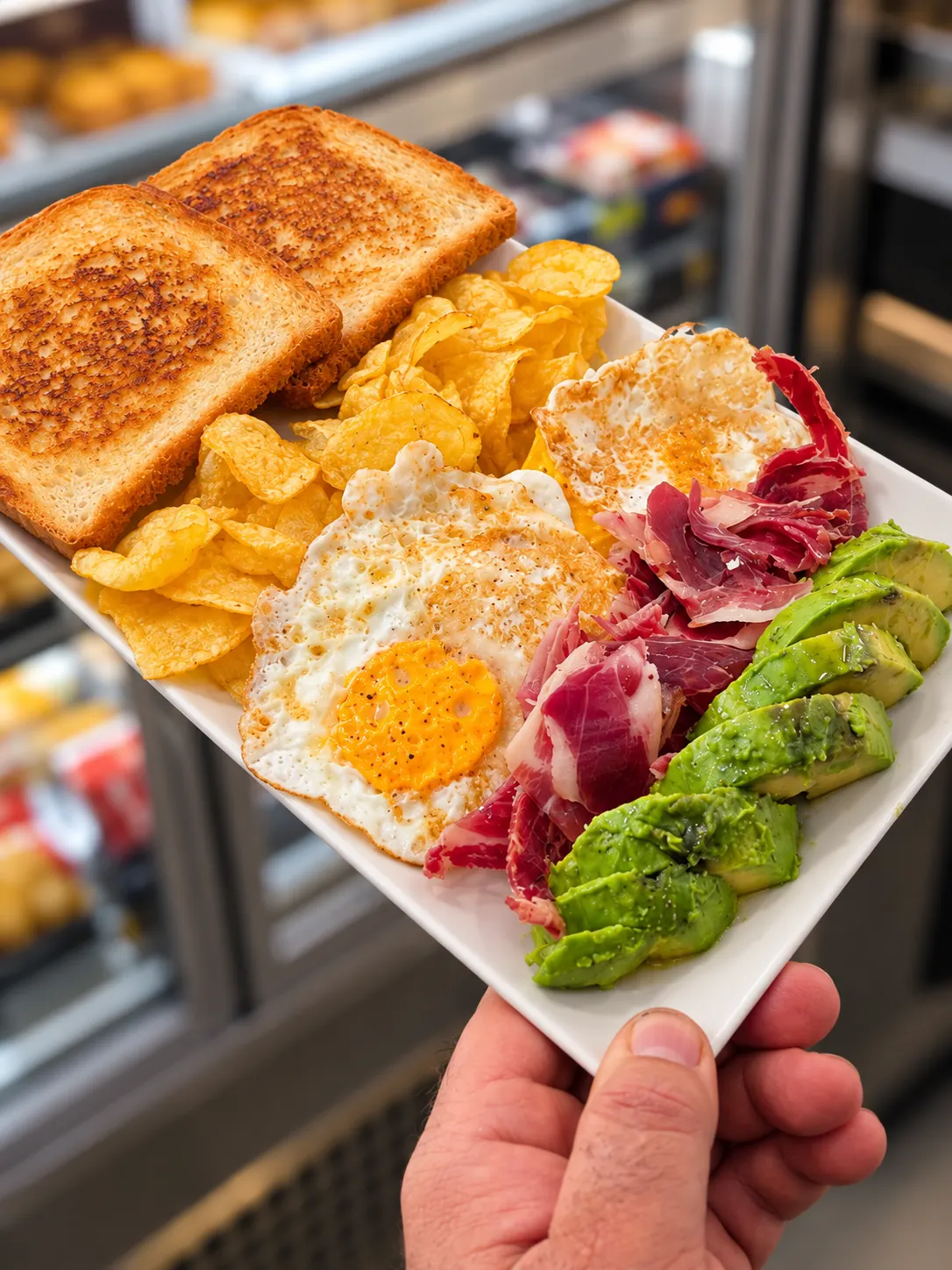 Plato combinado con sándwich, huevo, patatas y aguacate