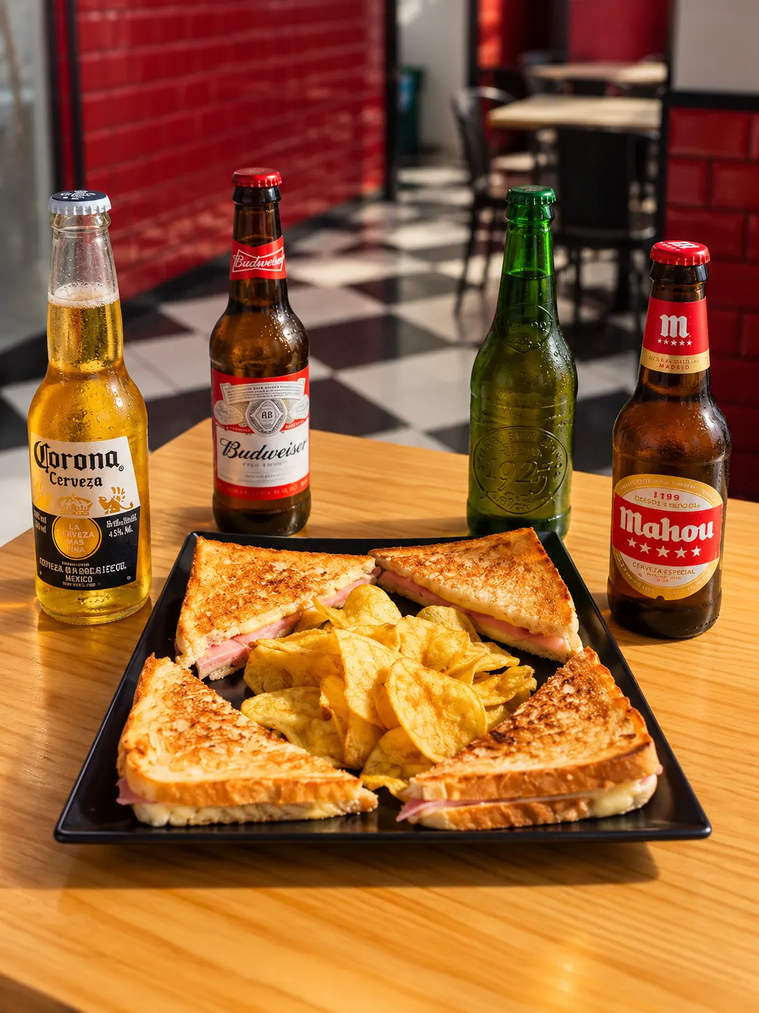 Sándwiches mixtos con patatas y cervezas