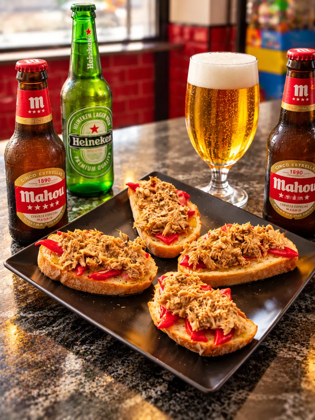 Tostas de atún con tomate y cervezas