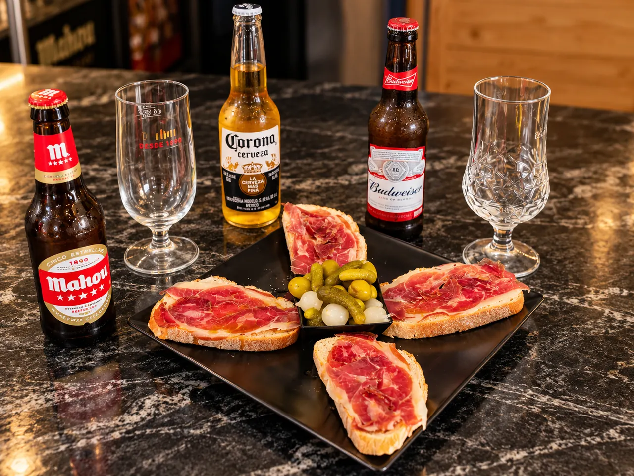 Tostas de jamón con cervezas sobre la barra