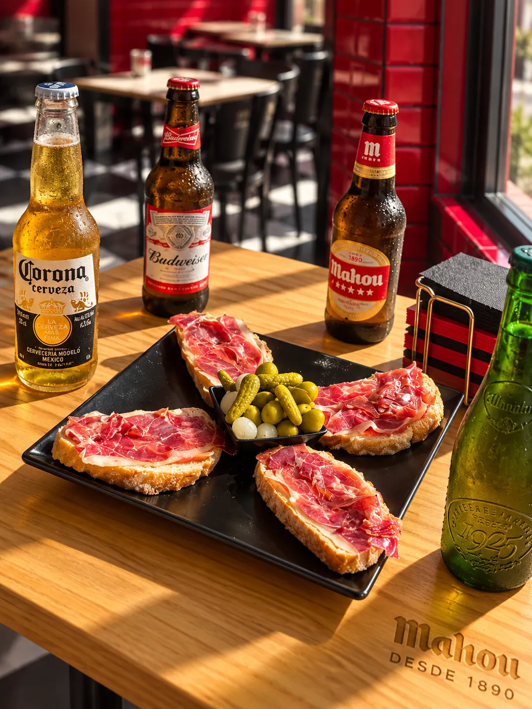 Tostas de jamón con cervezas en la mesa