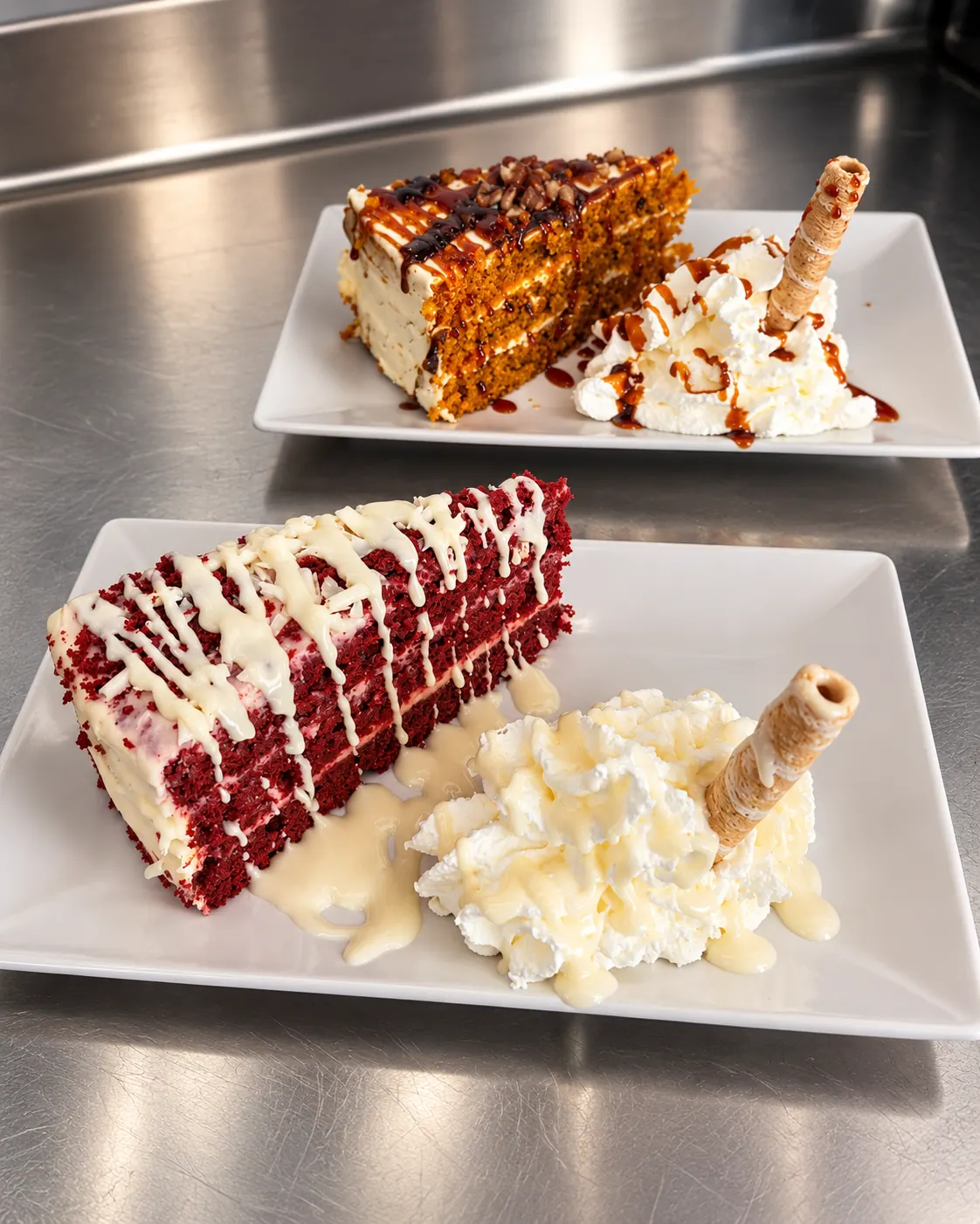 Porciones de tarta Red Velvet y tarta de zanahoria