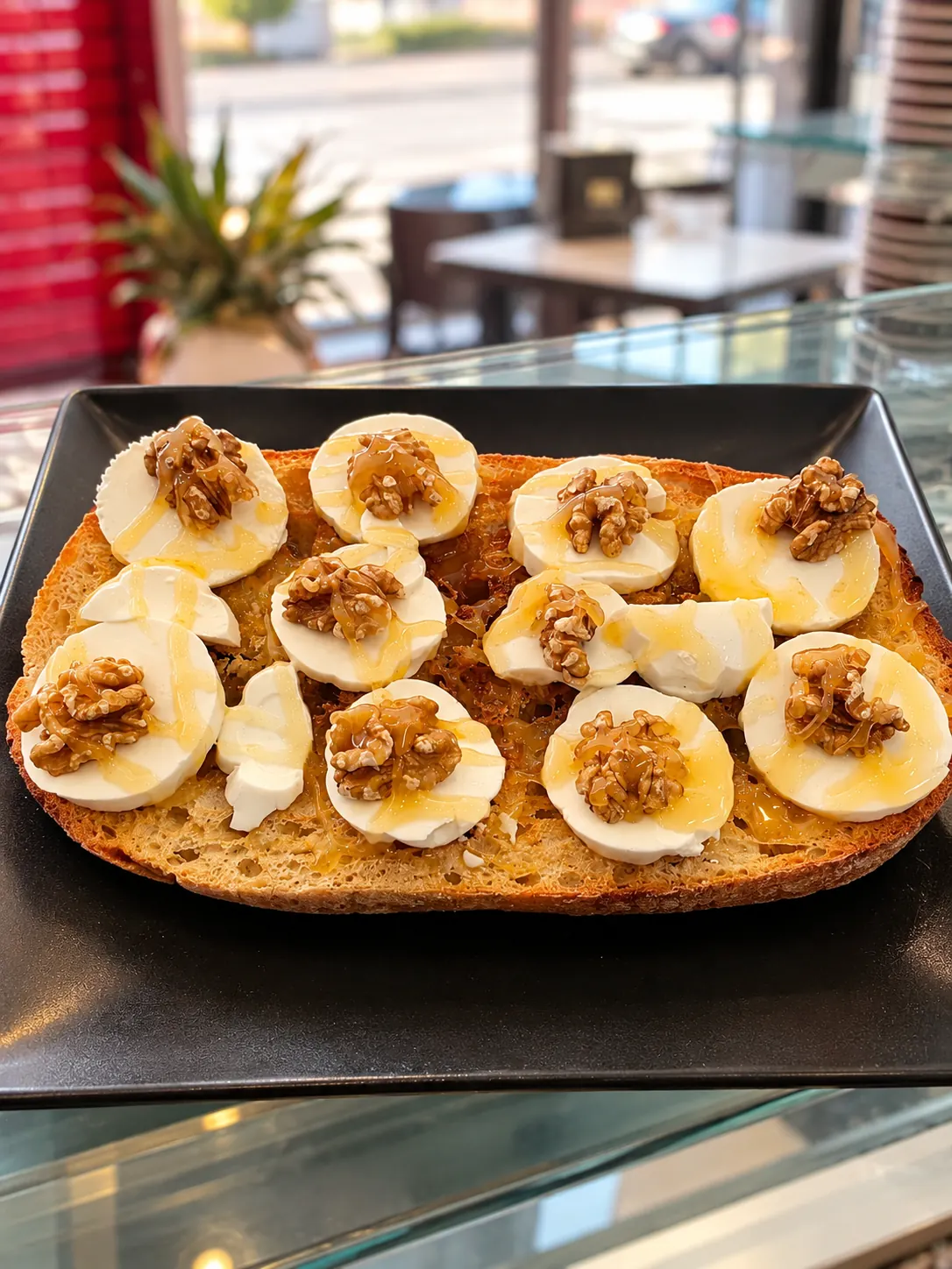 Tosta de queso con nueces sobre bandeja negra