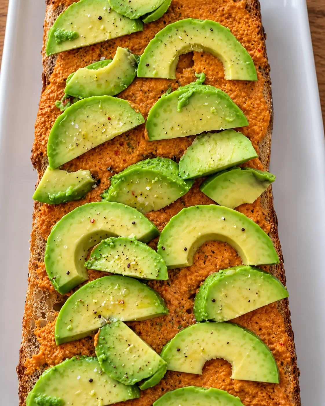 Tostada XXL de tomate con láminas de aguacate