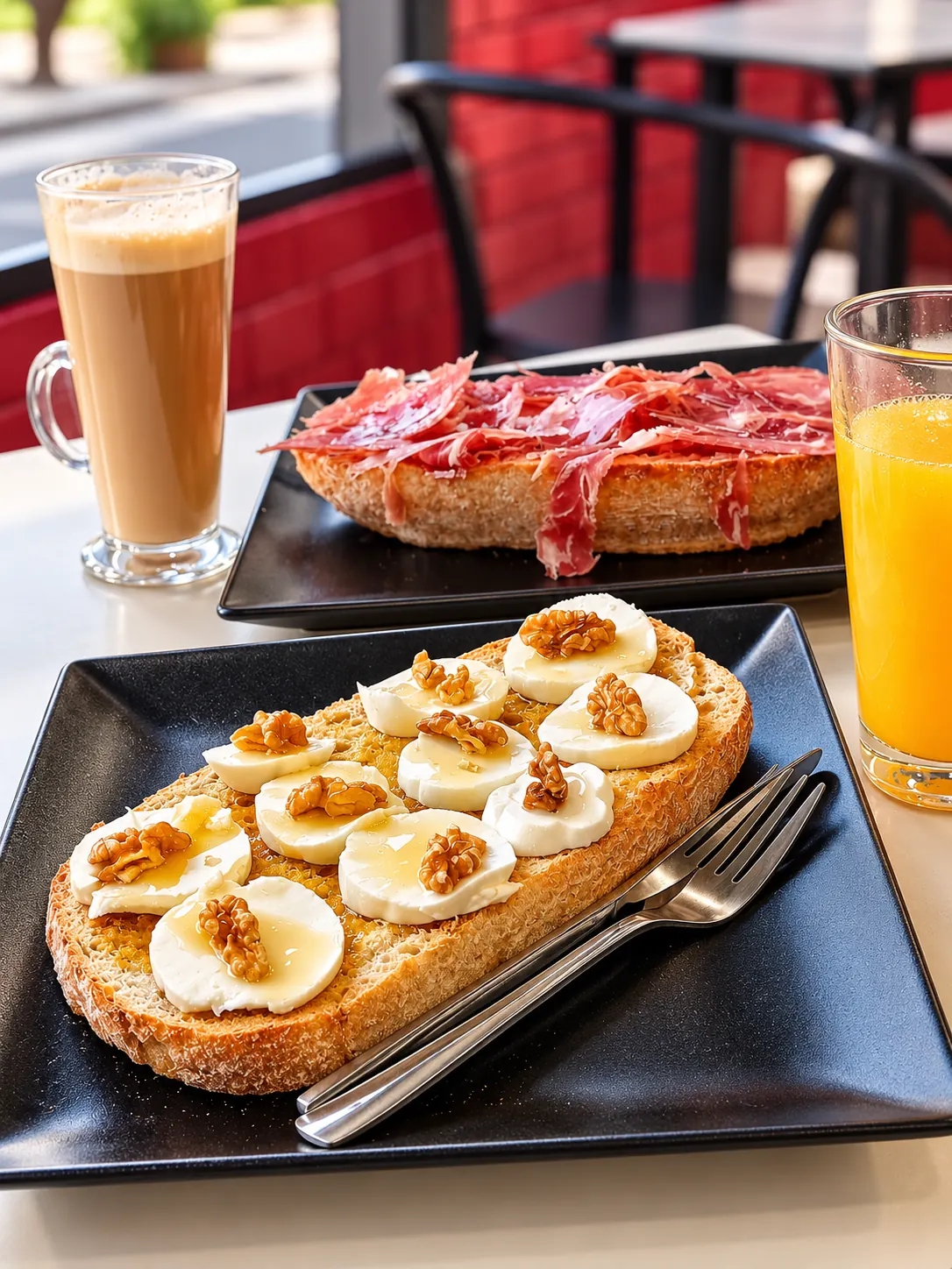 Tosta de queso con nueces, tosta de jamón, café y zumo de naranja