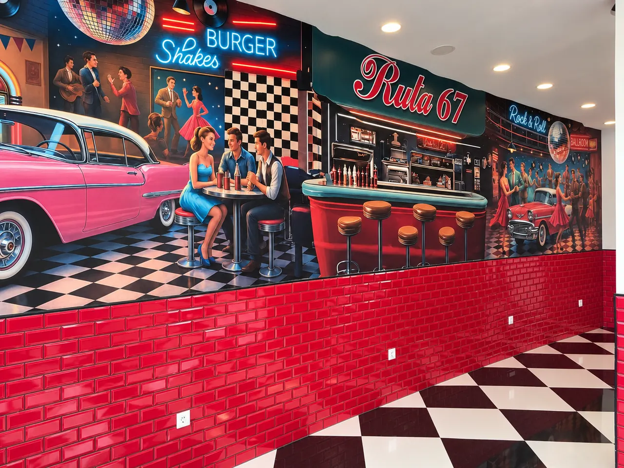 Mural retro de diner con el rótulo Ruta 67